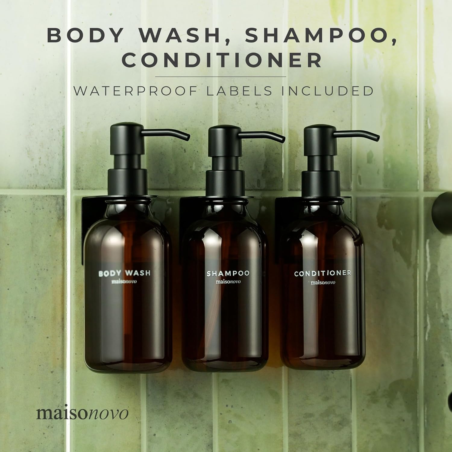 MaisoNovo Shampoo and Conditioner Dispenser - Shower Soap Dispenser Wall Mounted - 16.9 fl oz Set of 3 Amber Plastic Bottles Black Pump - 3 Chamber No Drill