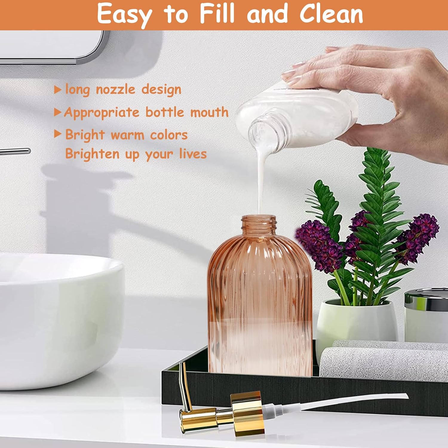 Glass Soap Dispenser with Gold Plastic Pump, 13.5oz Refillable Liquid Hand Soap Dispenser, Crystal Lotion Bottle for Modern Home Decor, Bathroom, Kitchen Countertop, Hotel(Orange)