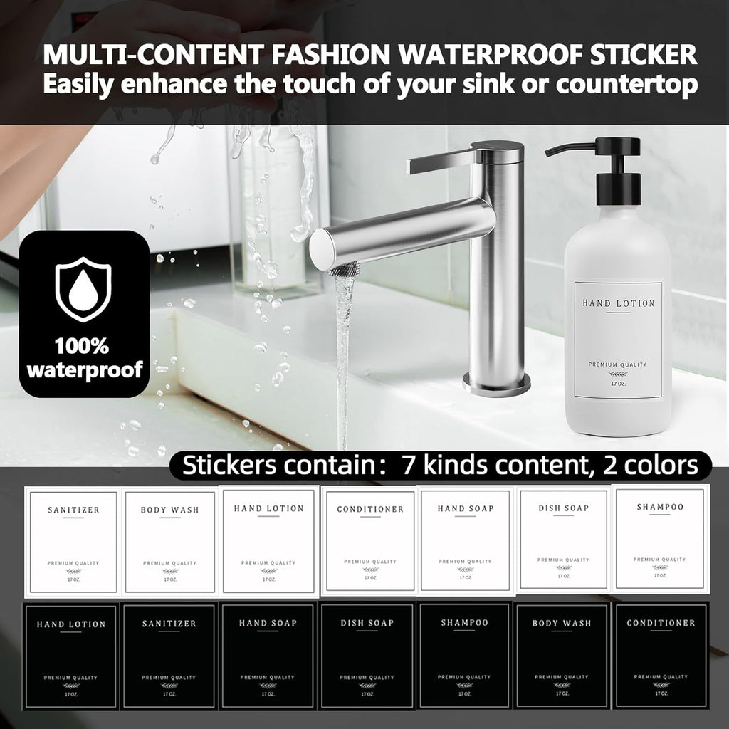 Kitchen Soap Dispenser - Hand and Dish Soap Dispenser Set, Bathroom Glass Soap and Lotion Dispenser with Pump, Tray, 14 Waterproof Labels, Set of 2 White Bottle/Black Pump-pd