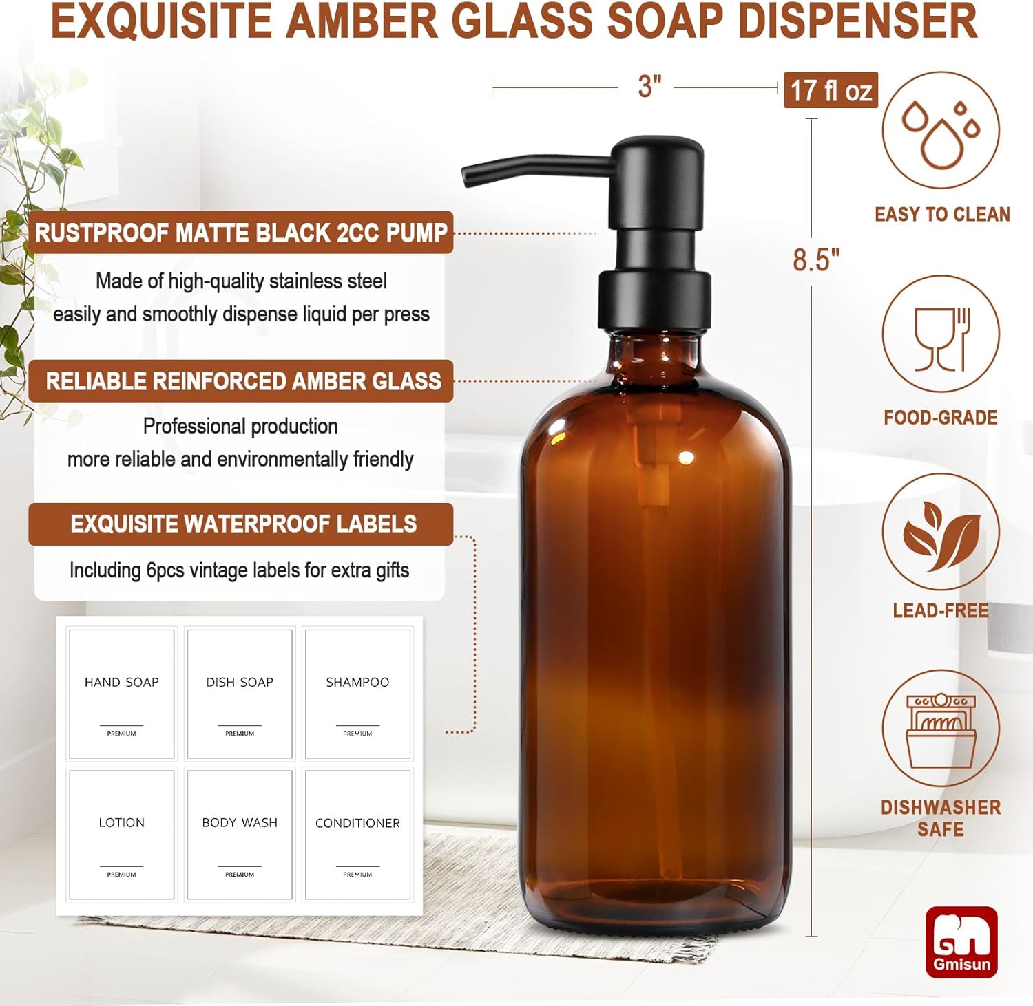 GMISUN Amber Glass Soap Dispenser, 2 Pack Bathroom Hand Soap Dispensers with Stainless Steel Pump, 17 Fl Oz Kitchen Hand and Dish Soap Dispenser Set, Modern Vintage Liquid Brown Soap Dispensers Bottle