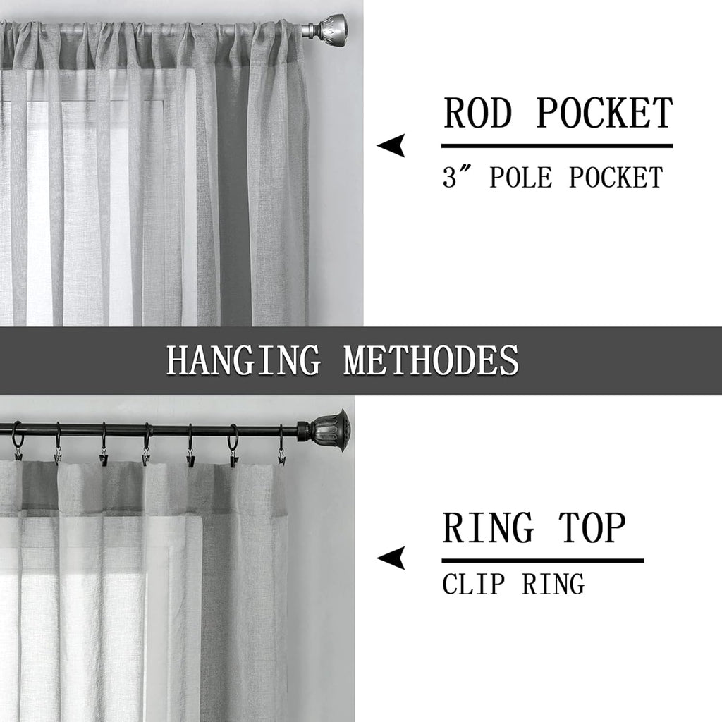 Tollpiz Short Sheer Curtains Linen Textured Living Room Curtain Sheers Light Filtering Rod Pocket Voile Curtains for Bedroom, 42 x 45 inches Long, Silver Grey, Set of 2 Panels
