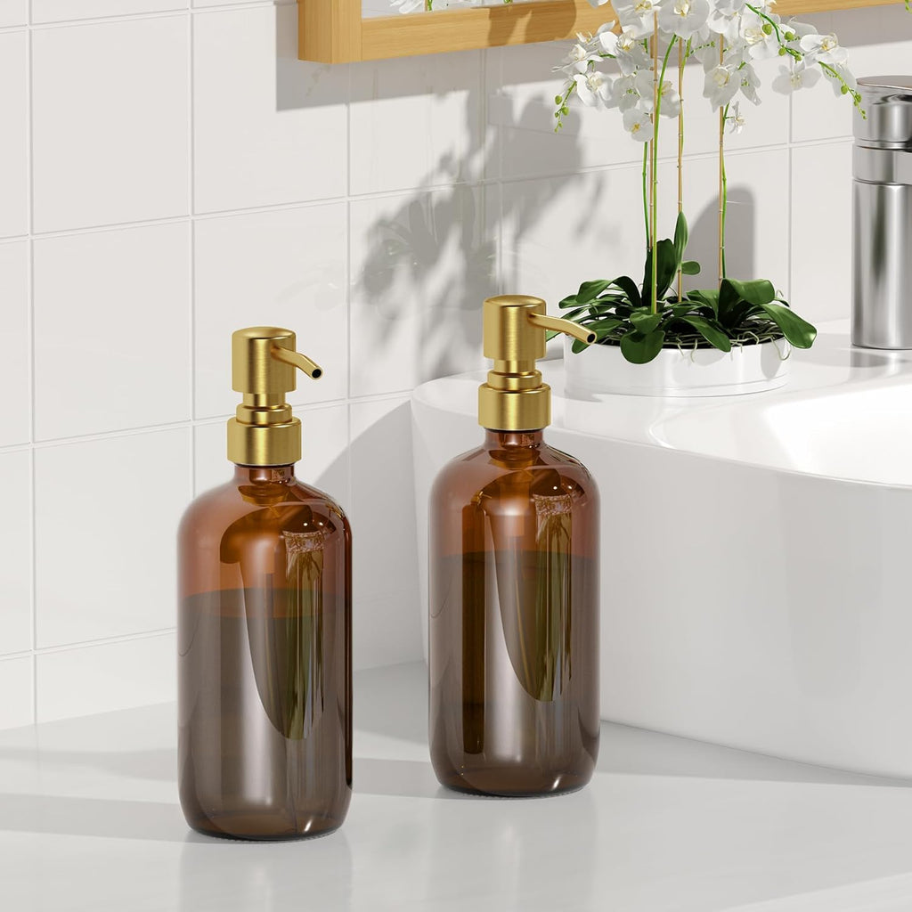 AmazerBath Amber Glass Soap Dispenser, 2 Pack Vintage Brown Bottle with Stainless Steel Pump,17 Oz Hand Dish Soap Dispenser Bottle, Modern Soap Dispensers for Bathroom Kitchen