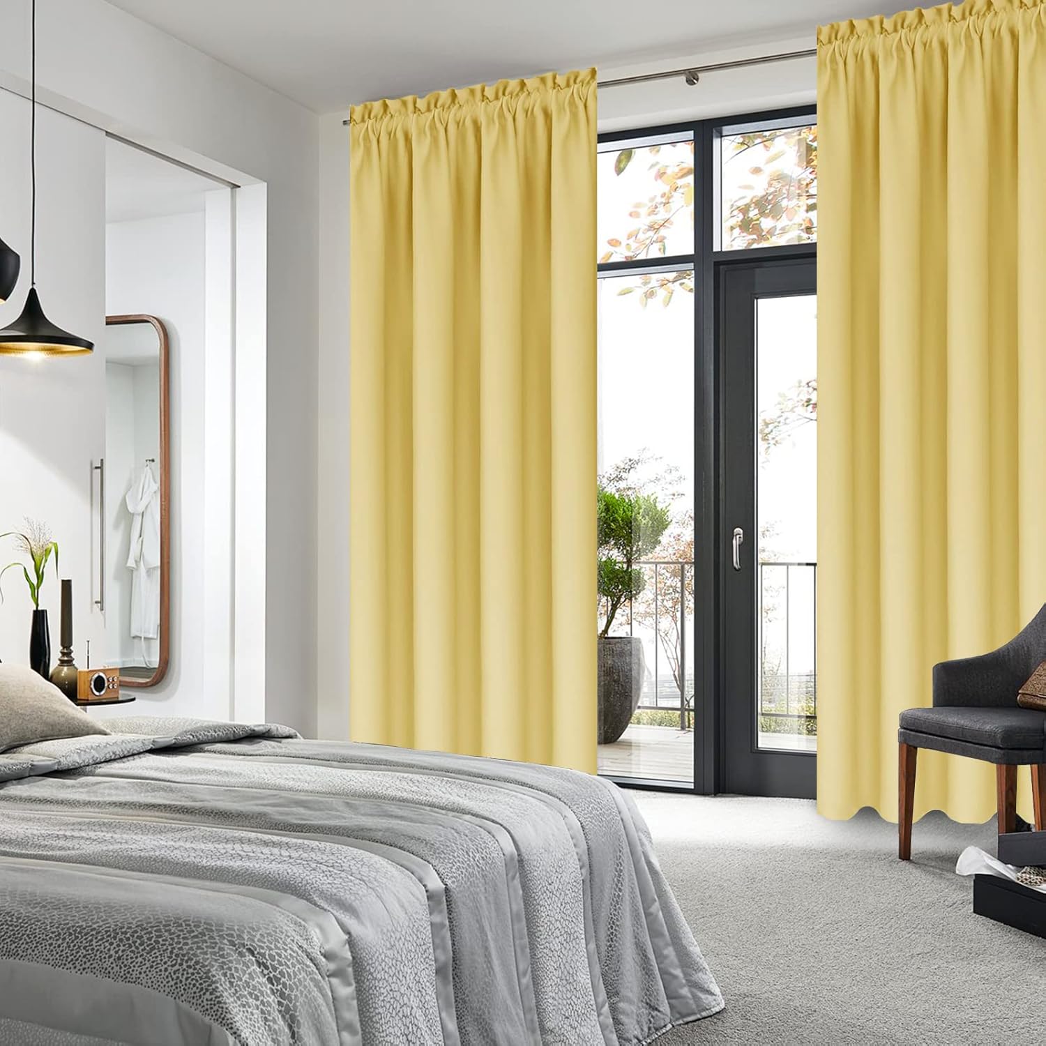 DWCN Blackout Curtains for Bedroom – Rod Pocket Thermal Insulated Noise Reducing Noise Reducing Drapes for Living Room, W 42 x L 84 Inch, 2 Panels, Light Yellow