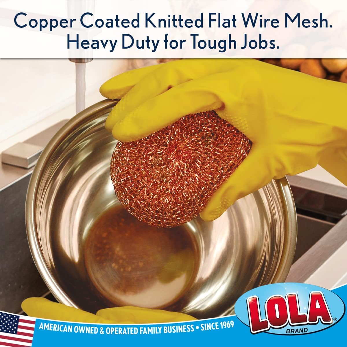 LOLA Copper Mesh Scouring Pad, 18 Grams, 12 Pack, Heavy Duty Cleaning Pads, Copper Coated Knitted Flat Wire Mesh, Recyclable, Cleans Baked On Messes