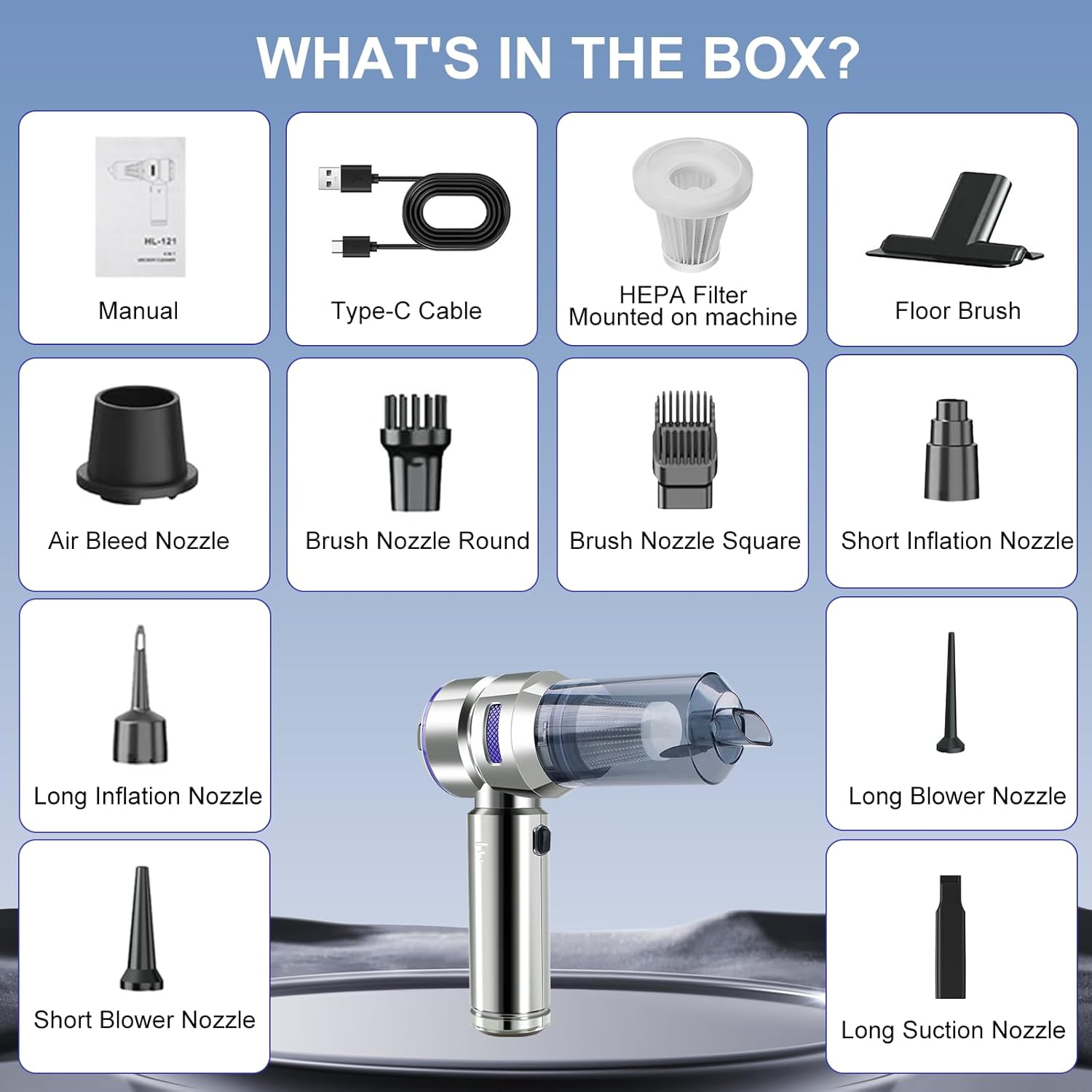 Car Vacuum Portable Cordless, 21000Pa Strong Suction Handheld Vacuum, 100W Auto Vac for Car Detailing, Home, RV Camping Use with 6000mAh Battery, Type-C Fast Charge & Blower Function