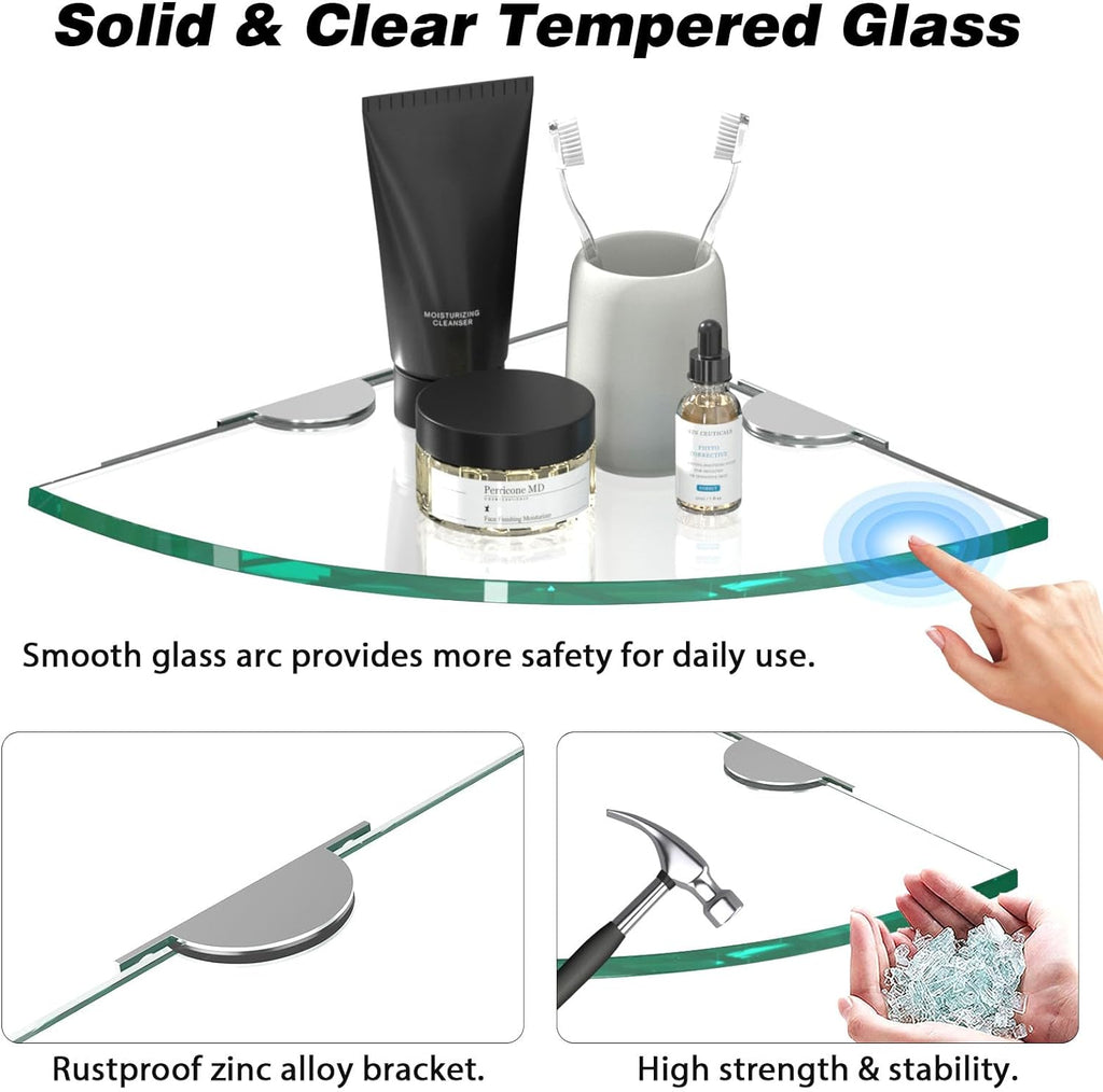 Corner Glass Shower Caddy 4 Pack 8MM-Thick Tempered Glass Shelf No Drilling Wall Mount Corner Mounted Shelves Space Saver Adhesive Bathroom Home Shelf Shampoo Holder Organizer Strong Adhesion