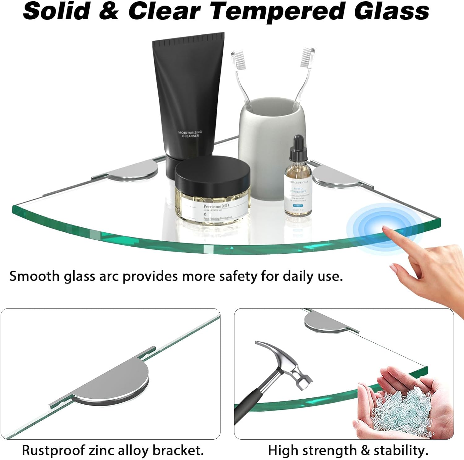 Corner Glass Shower Caddy 4 Pack 8MM-Thick Tempered Glass Shelf No Drilling Wall Mount Corner Mounted Shelves Space Saver Adhesive Bathroom Home Shelf Shampoo Holder Organizer Strong Adhesion