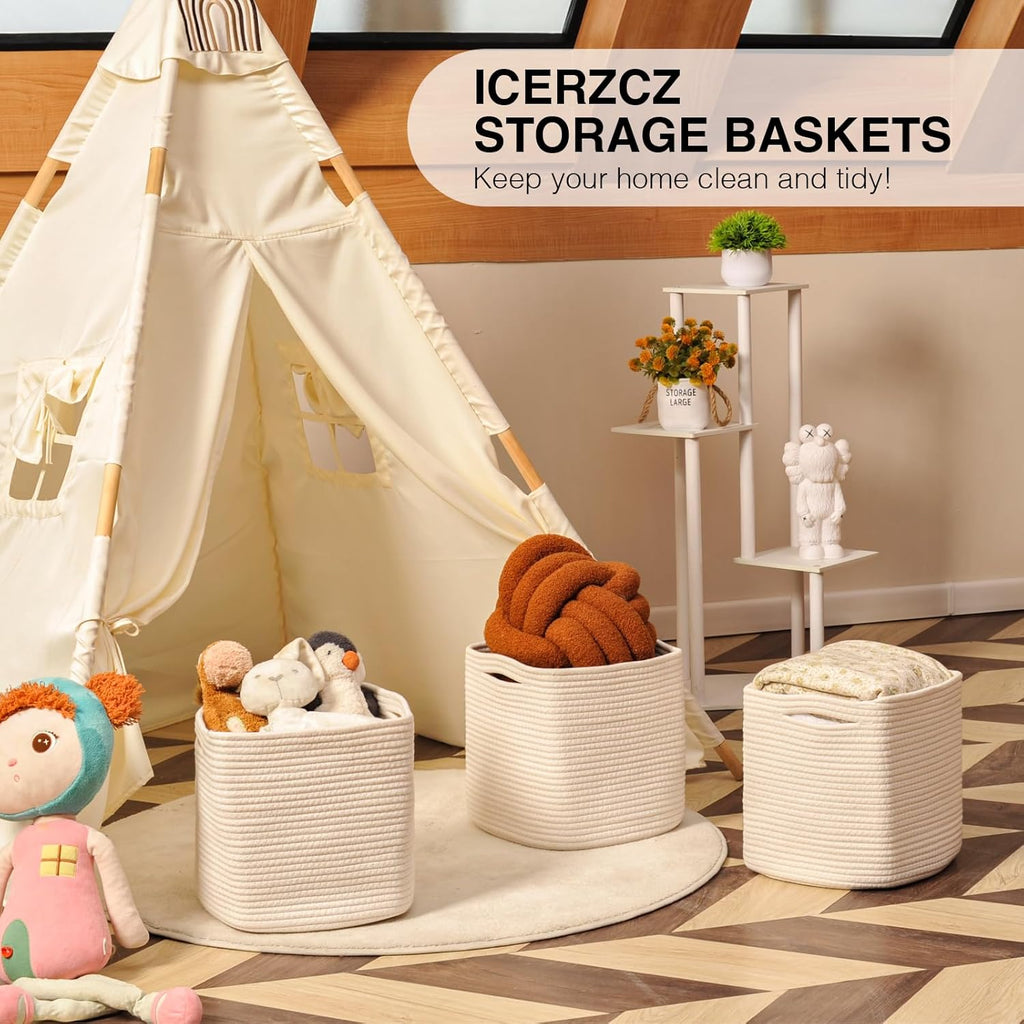11 Inch Cube Storage Bins, Organizer Bins, Woven Cotton Rope Baskets for Storage, Storage Baskets for Organizing Shelves, White Basket for Toys, Off White (Pack of 3)
