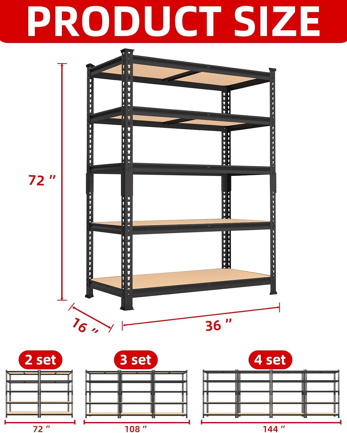 PrimeZone 36" x 16" x 72" Heavy Duty Storage Shelves - 5 Tier Adjustable Garage Storage Shelving, Metal Storage Utility Rack Shelf Unit for Warehouse Pantry Closet Kitchen, Black