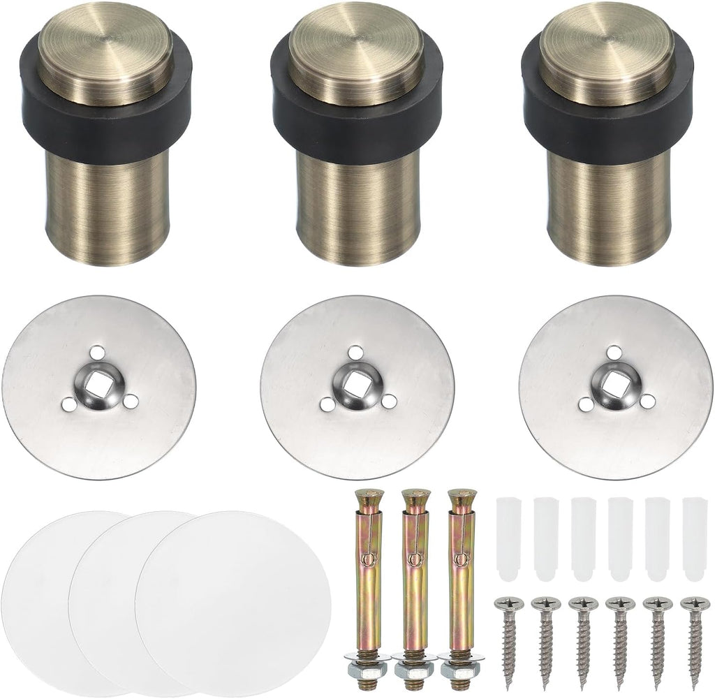 PATIKIL 3Set Round Door Stoppers, 60mm Stainless Steel Door Stop Doorstop Wedge Metal Cylinder Self Adhesive with Screw for Bottom of Door Floor Inside, Bronze