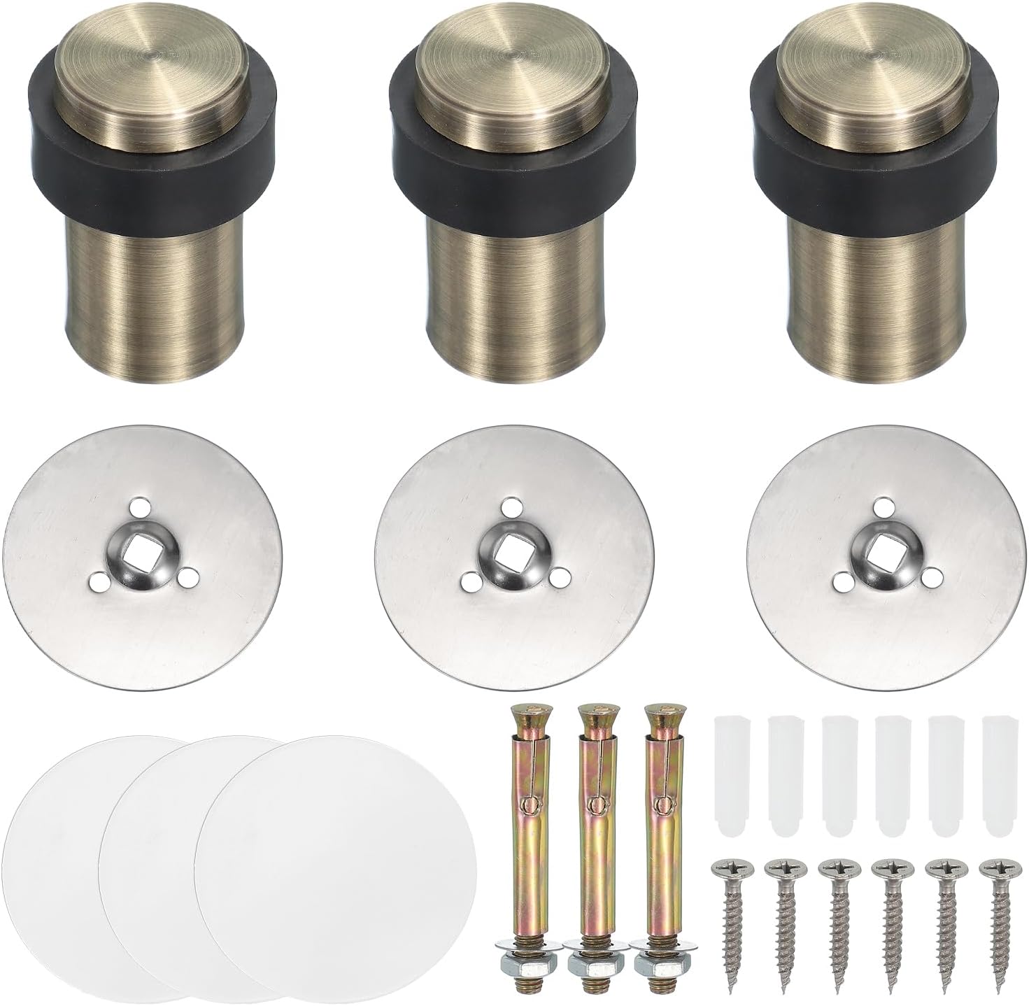 PATIKIL 3Set Round Door Stoppers, 60mm Stainless Steel Door Stop Doorstop Wedge Metal Cylinder Self Adhesive with Screw for Bottom of Door Floor Inside, Bronze