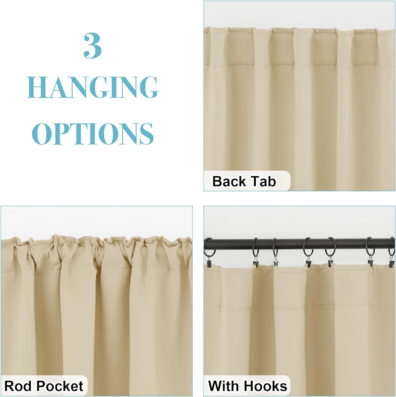 RYB HOME Room Darkening Curtains - Back Loops Solid Sunlight Block Window Decor for Nursery Bedroom Kitchen Bath Garage, Wide 42 in x Long 45, Biscotti Beige, 2 Panels