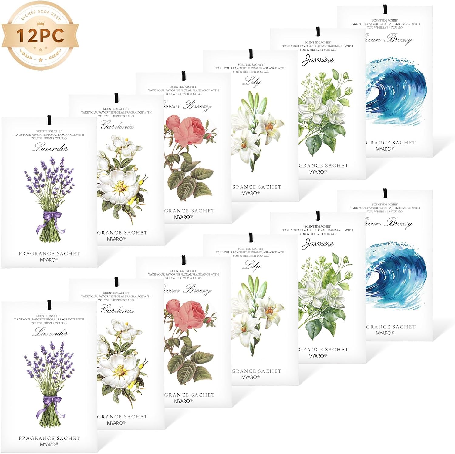 MYARO 12 Packs Scented Sachets for Drawer and Closet, Long-Lasting Sachets Bags Home Fragrance 6 Scents Option- Lavender, Rose, Jasmine, Ocean, Gardenia, Lily