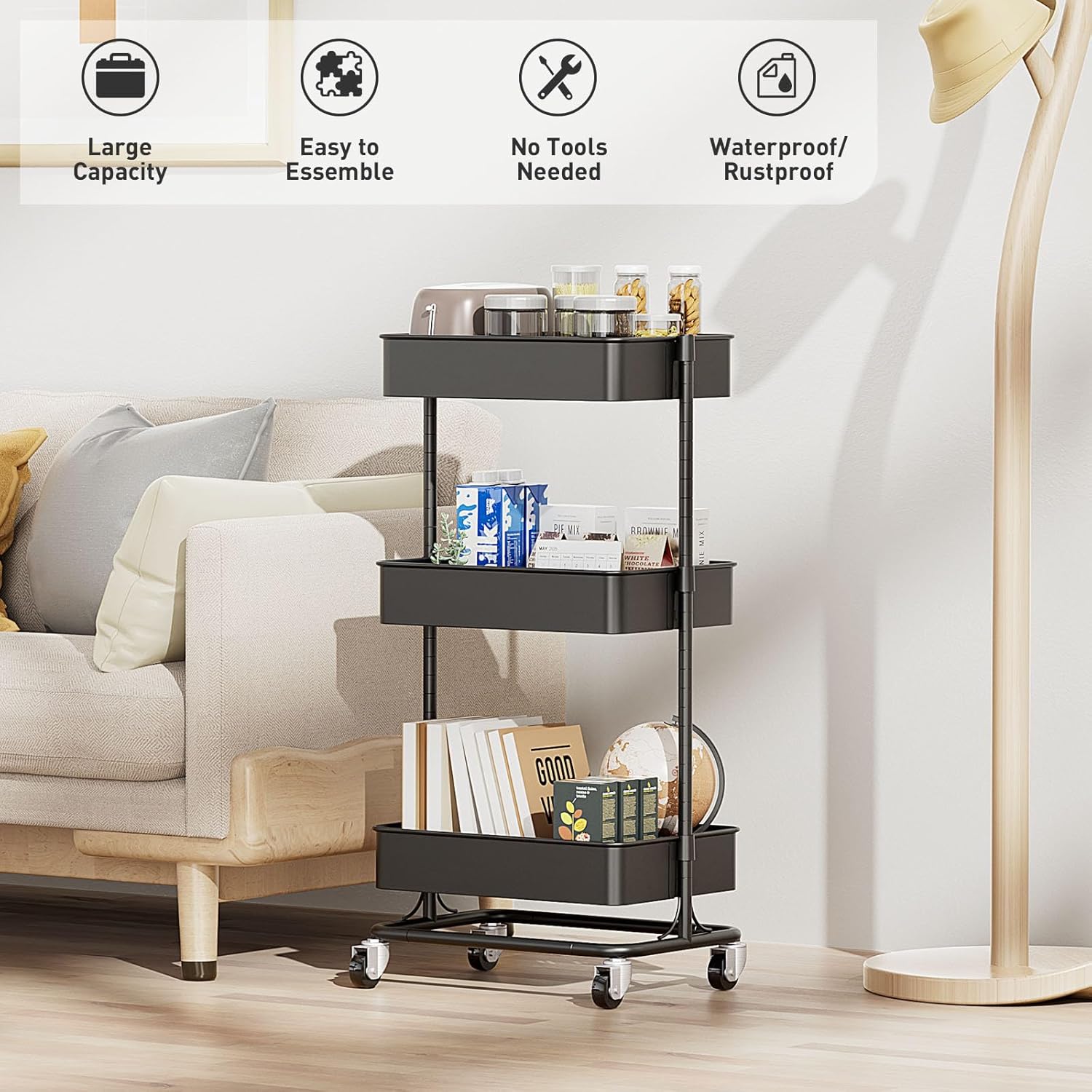 3 Tier Modern Metal Rolling Tool Cart with Silent Casters, 17.72×12.40×35.04 inch Heavy Duty Organization Truck Trolley Organizer for Office, Living Room, Kitchen, (Black)