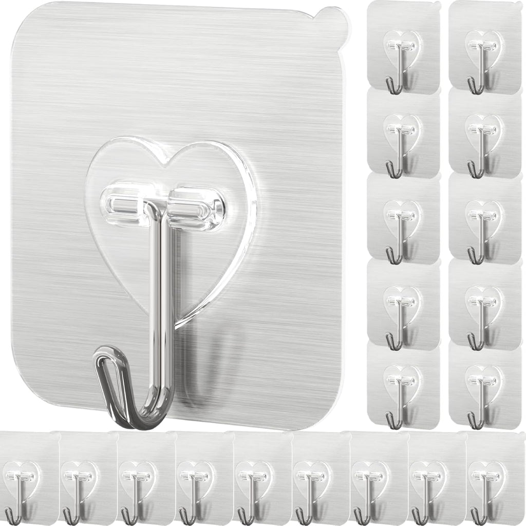 DGYB 20 Pcs Silver Adhesive Hooks for Hanging 22lb Self Adhesive Wall Hooks Heavy Duty Waterproof Sticky Hook for Shower Home Bathroom Kitchen Office