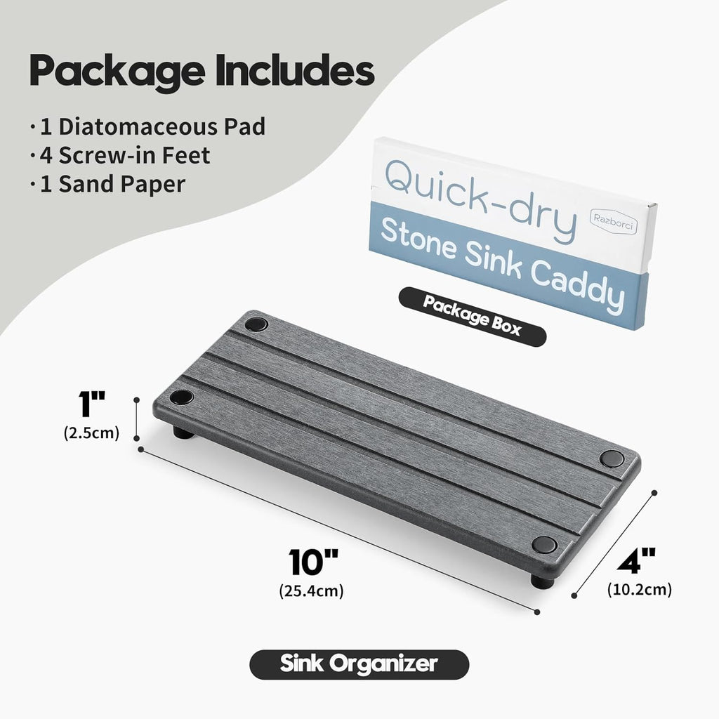 Sink Caddy Kitchen Sink Organizer, Water Absorbing Stone Tray for Sink,Diatomite Bathroom Counter Tray,Faucet Drying Mat Protector Coaster Soap Dish Rack Riser Vanity Dispenser Sponge Holder,10" x 4"