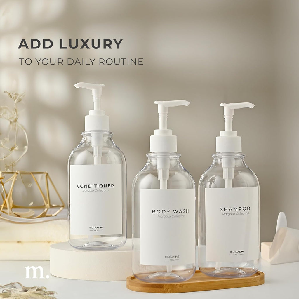MaisoNovo Refillable Shampoo and Conditioner Bottles | 16.9 fl oz Set of 3 Clear Plastic Bottles White Pumps