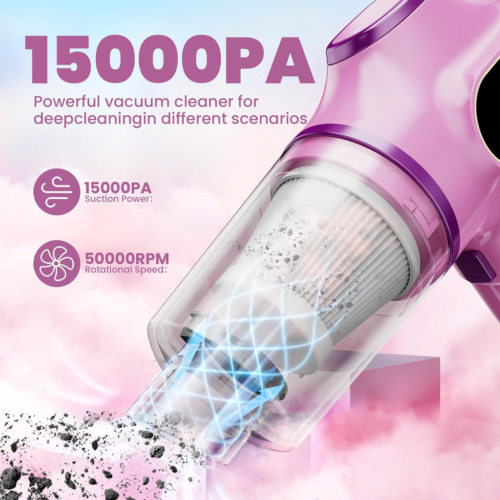 Women-Friendly Cordless Pink Car Vacuum Cleaner – 15000Pa Portable Mini Handheld Vacuum Cleaner, Effortlessly Handles Car,Office,Home & Pet Cleaning