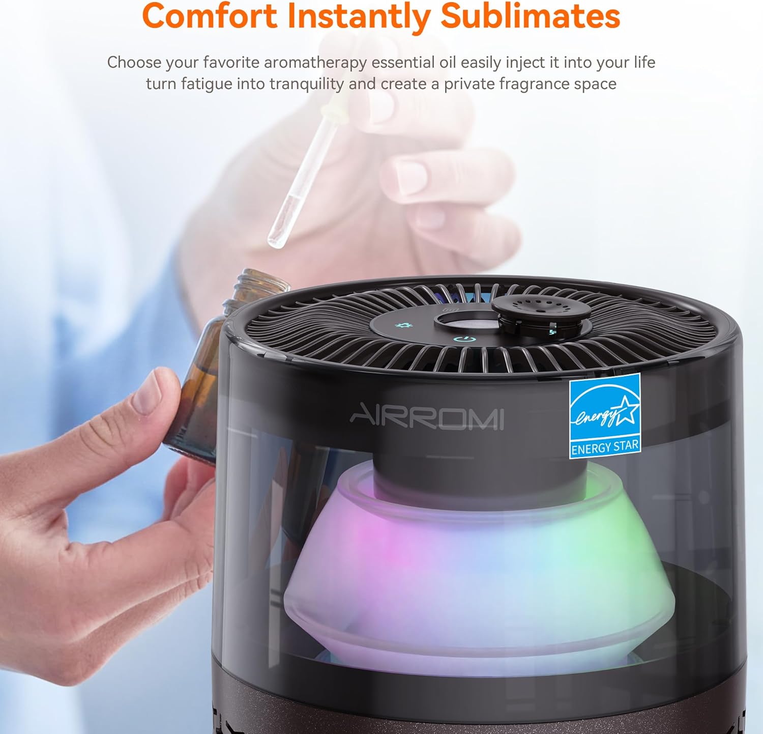 AIRROMI Air Purifiers for Bedroom Home,Up to 658 Ft²,Activated Carbon Filter Cleaner,With Fragrance Sponge for Better Sleep,Night Light,Pet Dander,Allergies,Smoke,Odor,Desktop Air Cleaner A2002 Brown