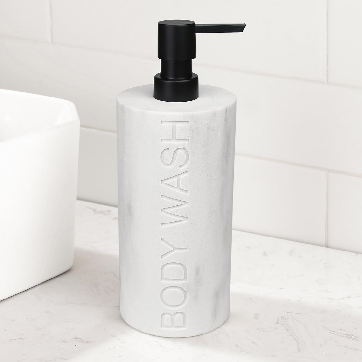 White Body Wash Dispenser Luxurious Refillable Pump Bottle with Embossed Text, Durable Construction for Bathroom and Kitchen