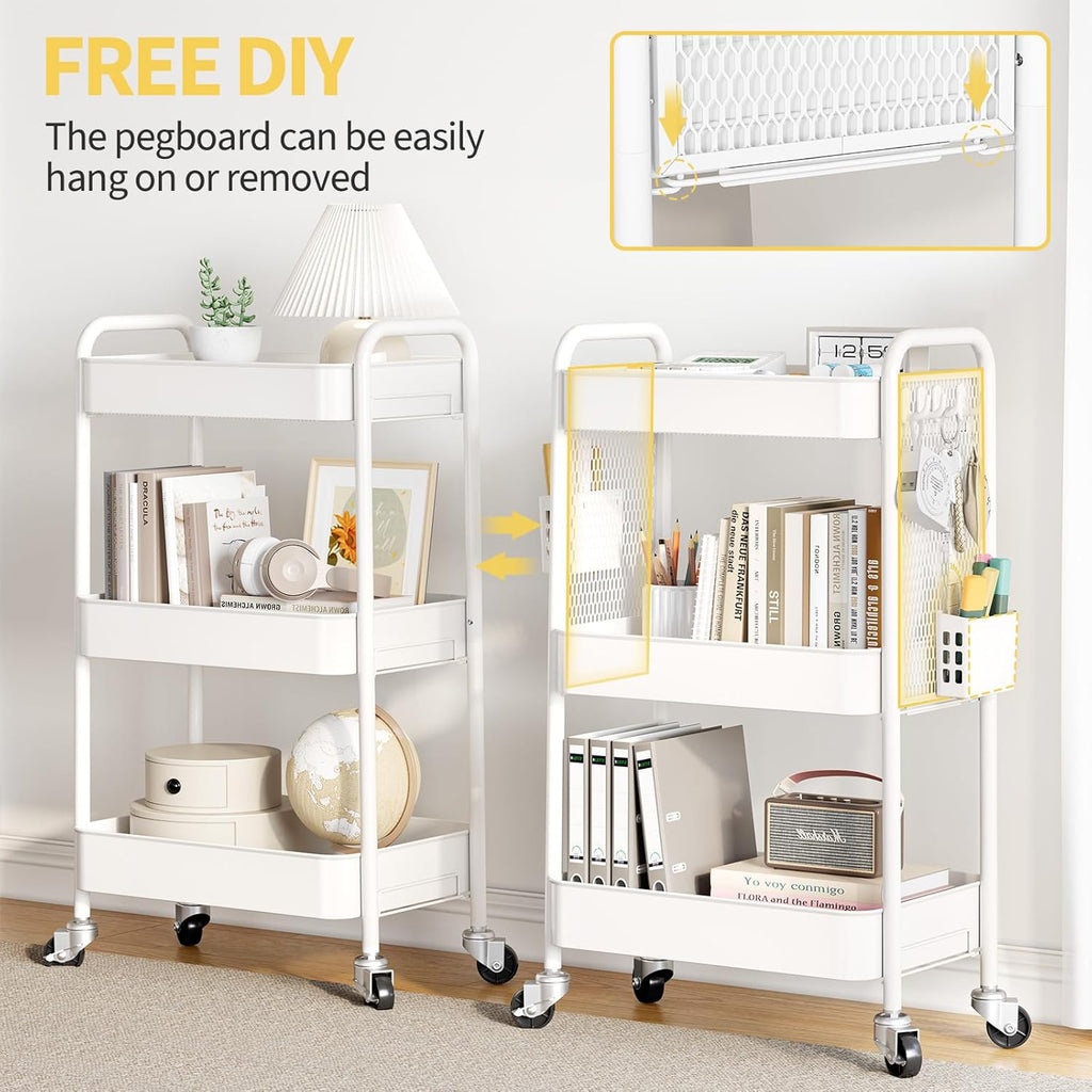 TOOLF 3 Tier Rolling Cart Storage Organizer, Metal Rolling Utility Cart with Wheels, Hooks & Bins Esthetician Craft Art Sturdy Storage with Pegboard for Bathroom, Kitchen, Office, Nursery Diaper