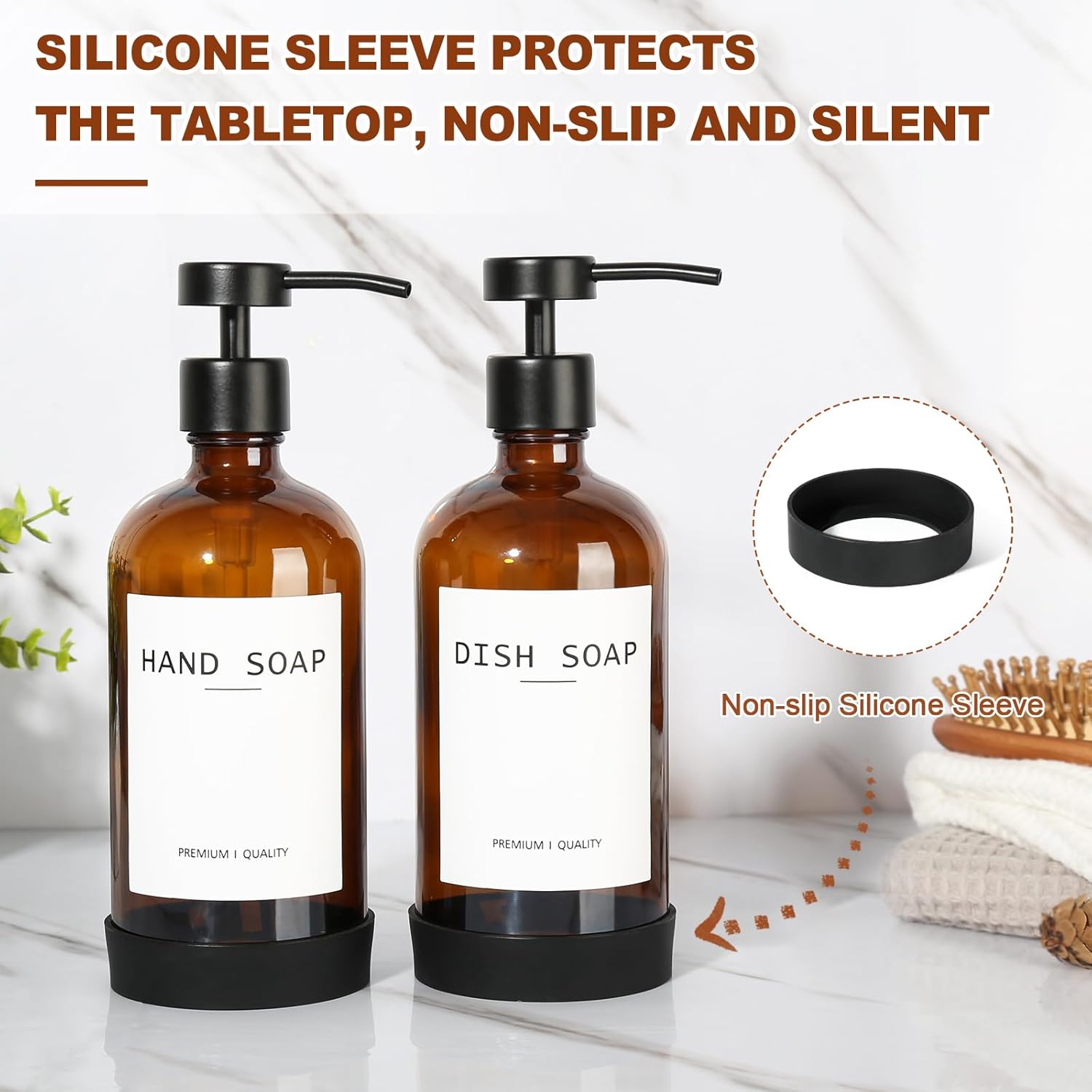 Amber Glass Soap Dispenser 2 Pack, Hand Soap Dispenser Bathroom with Stainless Steel Pump, 16.9 Fl oz Hand and Dish Soap Dispensers Set Kitchen, Modern Brown Soap Lotion Dispensers Bottle