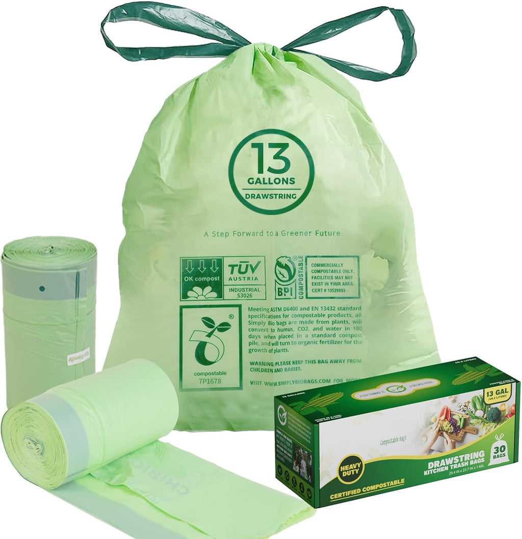 13 Gallon Compostable Trash Bags with Drawstring, Heavy Duty Extra Thick 1 Mil, 49.21 Liter, 30 Bags, Tall Kitchen Food Scrap Waste Bag, ASTM D6400, US BPI and OK Compost Home Certified