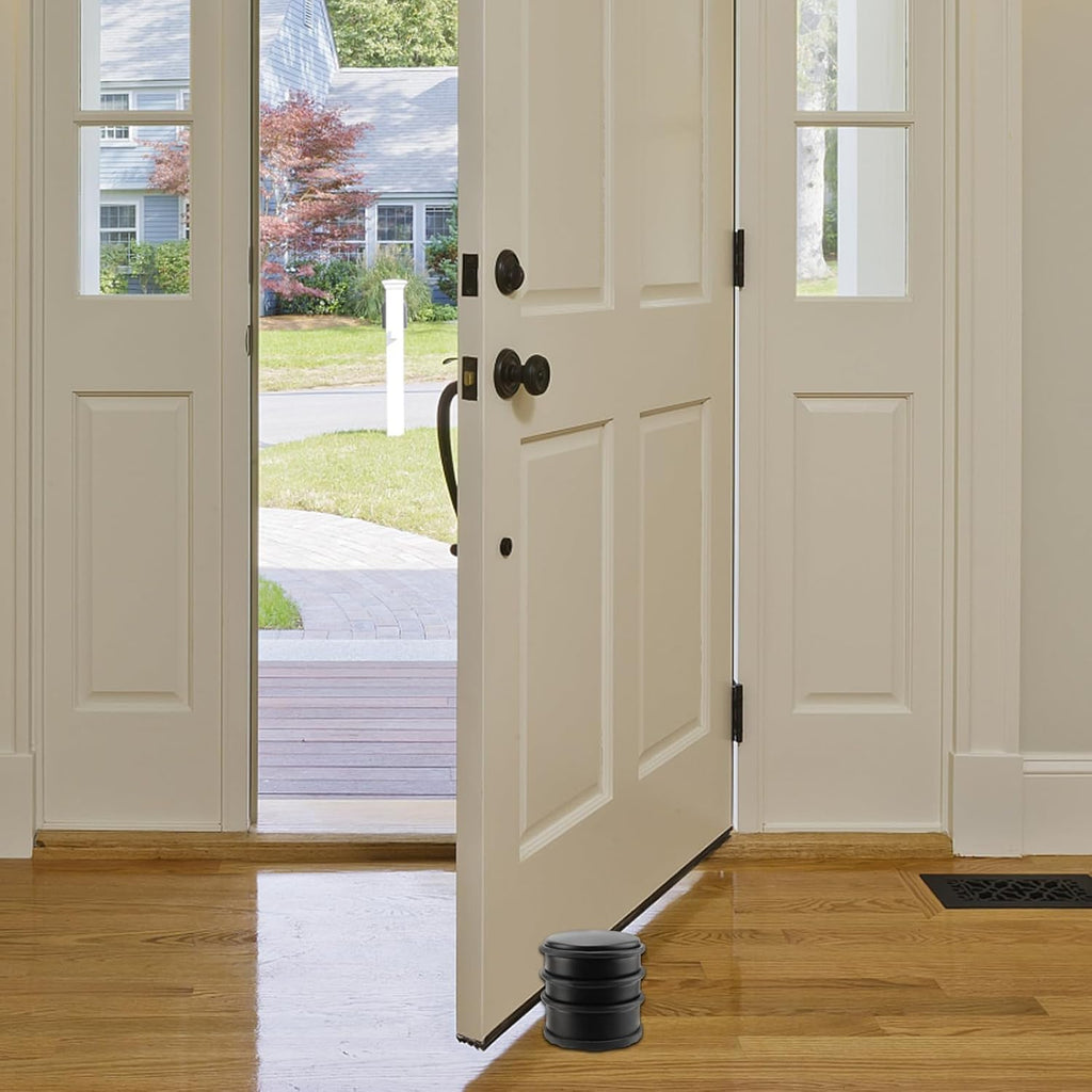 KINJOEK 4 PCS Heavy Duty No Drill Door Stopper, Stainless Steel Door Stop, Surrounded with Protective Rubber Bands Anti-Slip Door Wedge for Office, Home, Garage, Laundry Door, Black