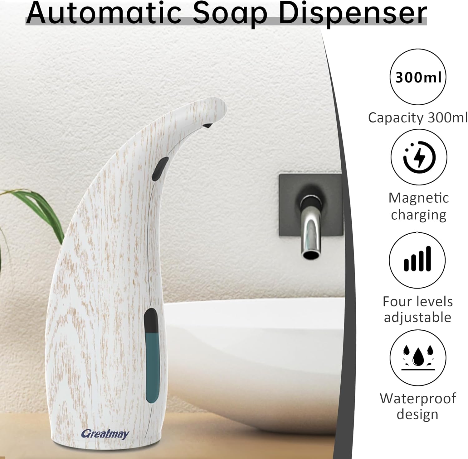 Adjustable Automatic Soap Dispenser Touchless, 4 Adjustable Levels Touchless Sensor Liquid Soap Pump Dispenser，300ml Rechargeable Magnetic Charging Hand Soap Dispenser for Kitchen，Bathroom