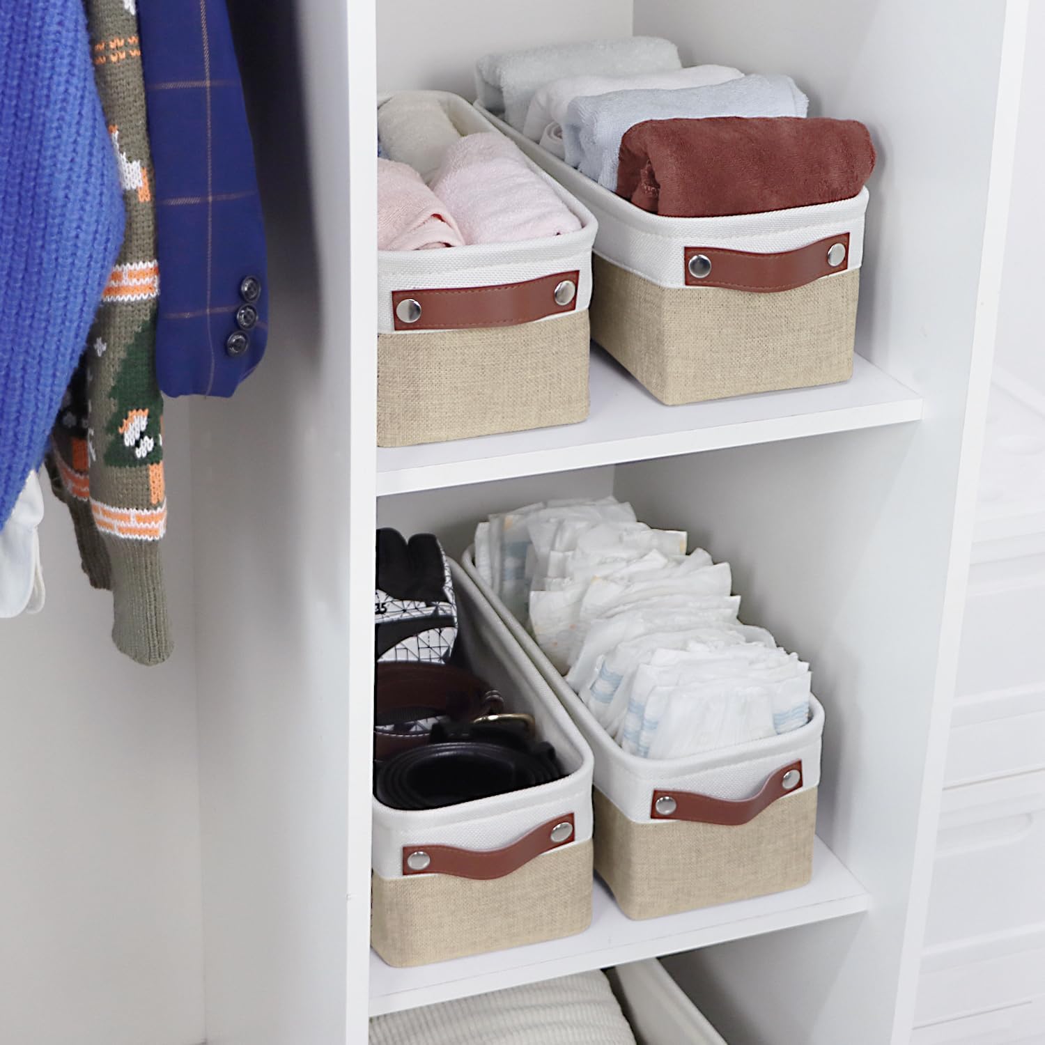 Univivi 4PC Long Narrow Storage Baskets, Small Fabric Storage Bins with PU Handles for Closet,Cabinet,Countertop Organizing Small Items(Khaki-15x6x5 inch)