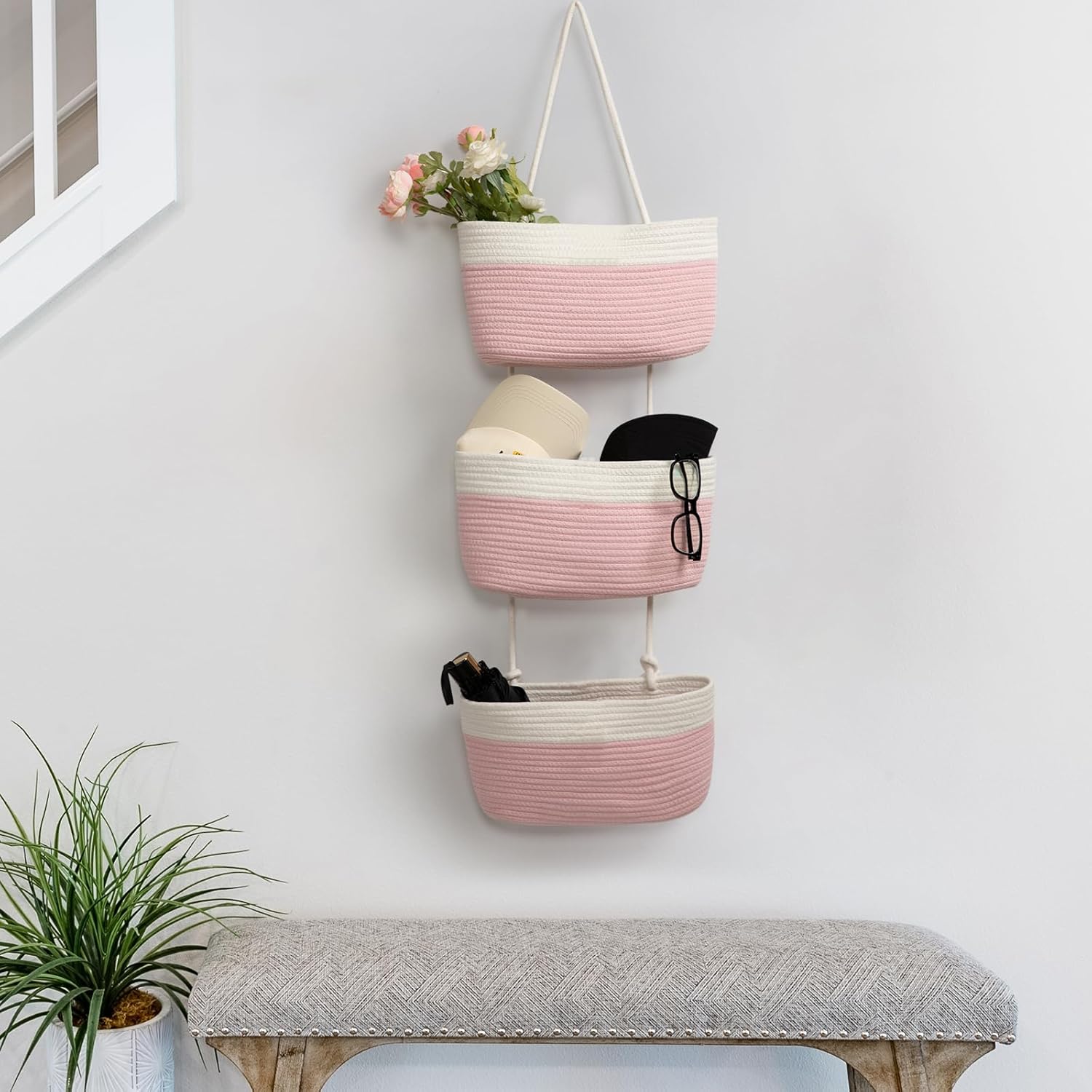 TeoKJ Over the Door Organizer, 3-Tier Woven Cotton Hanging Kitchen Baskets Storage Organizer Bag with Hooks Wall-Mounted Decorative Rope Baskets - Pink+White