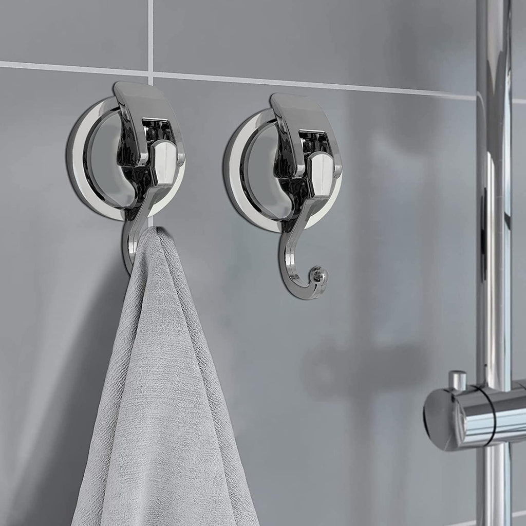 Suction Cup Hooks - Heavy Duty Glass, Reusable, No Hole Punched, for Bathroom Robe & Garland (Silver, 4 Pack)