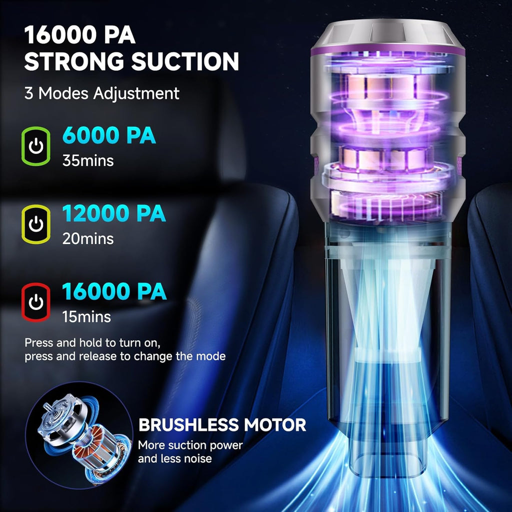 Handheld Vacuum Cordless, Car Vacuum Cleaner with Brushless Motor, Strong Suction Vacuum & Compressed Air Dusters with LED Light, Type C Port, Wireless Mini Portable Hand Vacuum Blower for Home, Pet