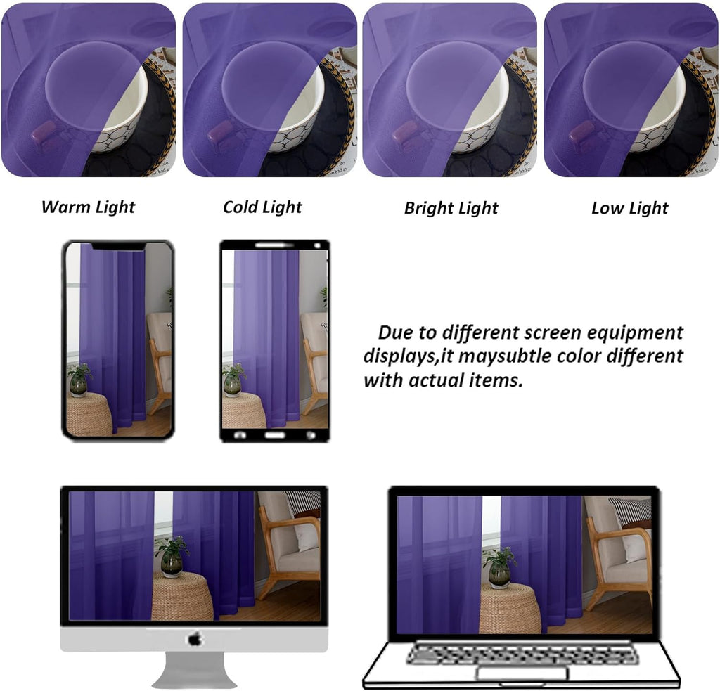 Chyhomenyc Sheer Valances for Windows 2 Pack, Small Window Curtains for Living Room Bathroom Cafe Laundry Basement, Modern Top Dual Rod Pocket Voile Curtain, 42W x 18L inches, Purple