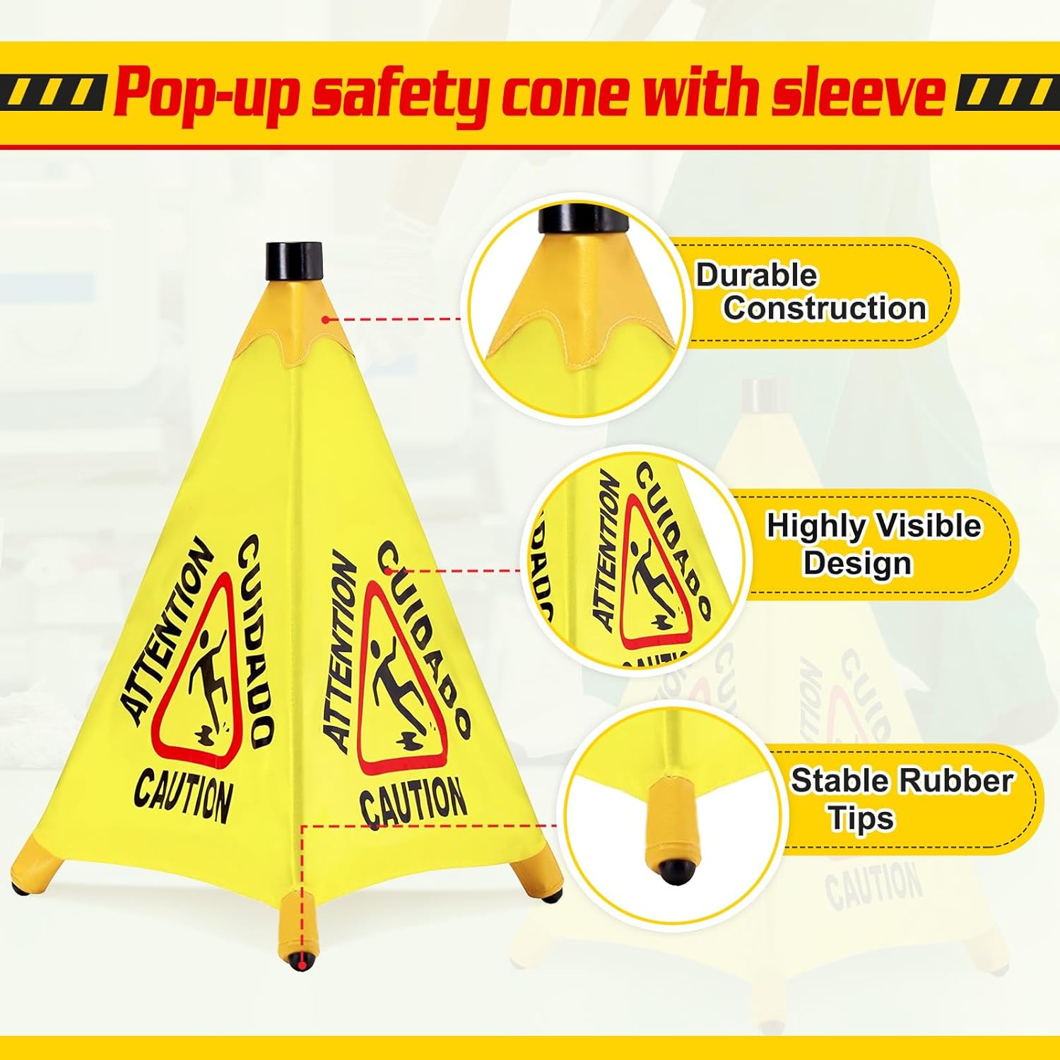 10 Pcs Pop up Wet Floor Sign with Storage Tube 20 Inch Wet Safety Signs Commercial Caution Safety Cone Pop up Caution Sign for Commercial Stores Grocery Restaurant Restroom Office Use