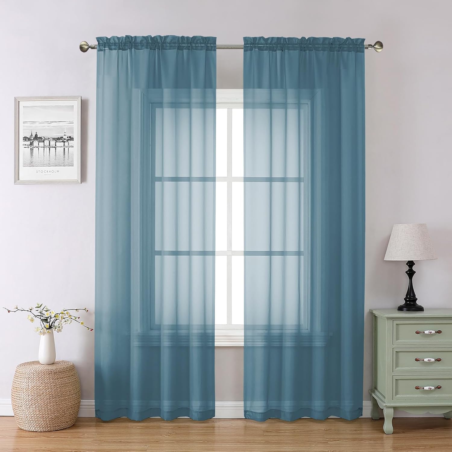 Chyhomenyc Stone Blue Sheer Curtains 84 Inch Length 2 Panels, Light Filtering Dusty Blue Window Curtain Treatment Drapes for Bedroom, Each 42Wx84L Inches
