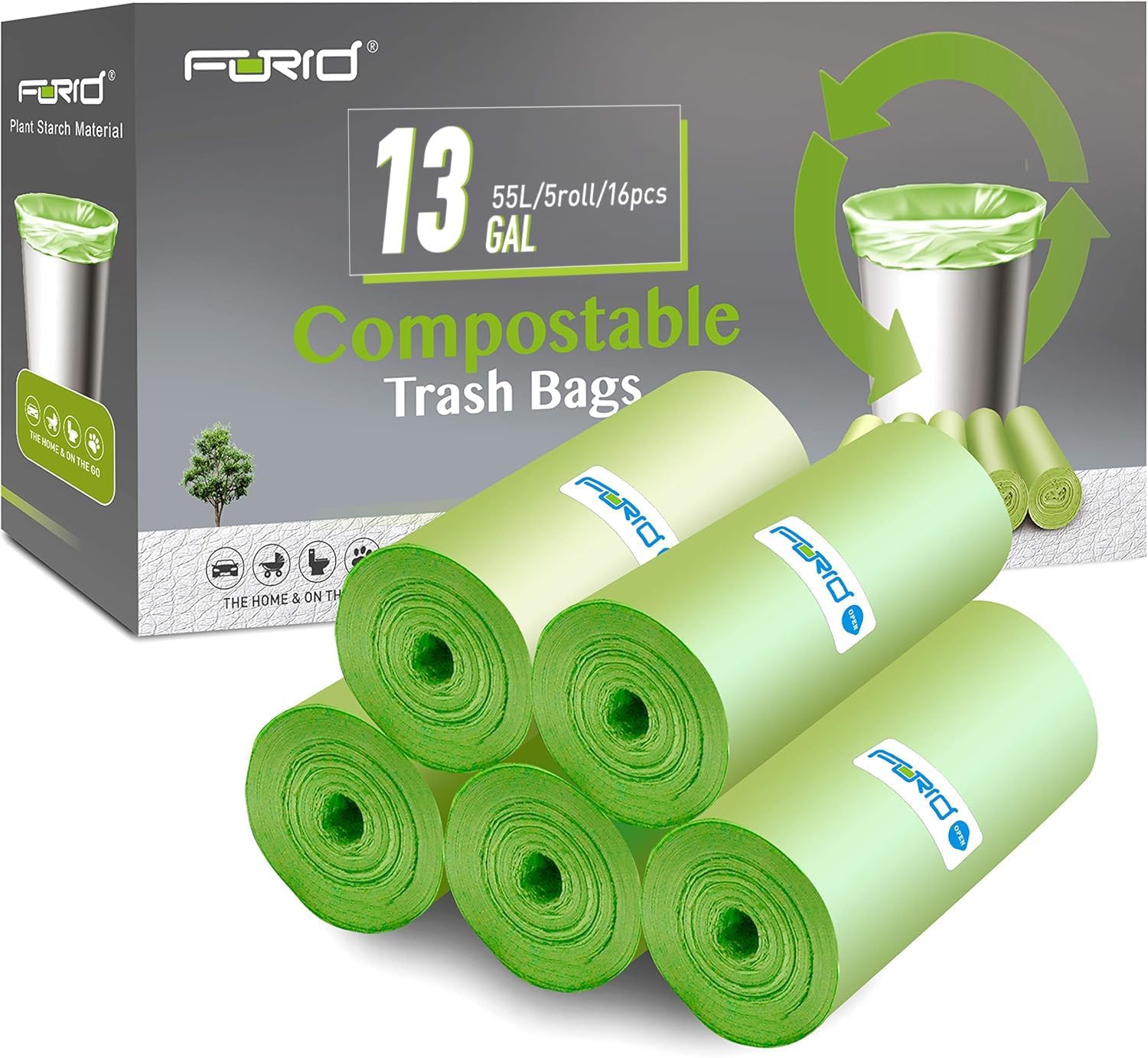 Compostable Trash Bags - FORID 13 Gallon Tall Kitchen Garbage Bags 80 Count Unscented Trash Can Liners 55 Liter Medium Wastebasket Bags for Bathroom Home Bedroom Office Garbage Can (5Rolls/Green)