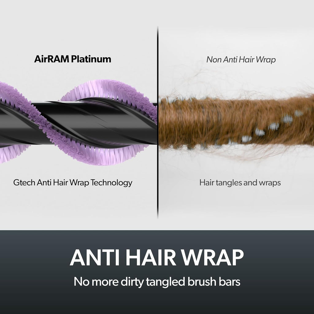 Gtech AirRAM Platinum Cordless Vacuum Cleaner - Includes Anti-Hair Wrap Brush Bar - Perfect for Carpet and Hardwood Floors - Rechargeable 22v Li-ion Battery - Lightweight (7 lbs.)