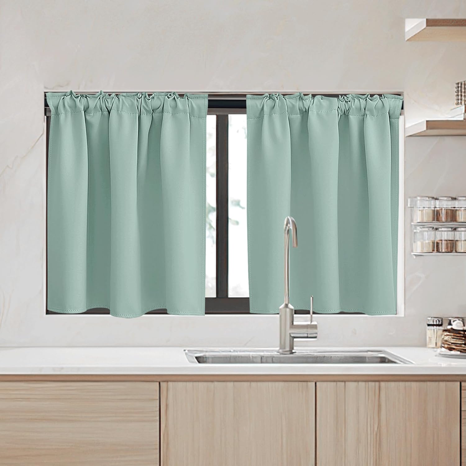 RYB HOME Small Window Curtains - Blackout Insualting Privacy Curtains for Kids Bedroom Kitchen Bathroom Basement Cafe Cabinet Tiers Drapes, 34 Width x 24 Length, 2 Panels, Aqua