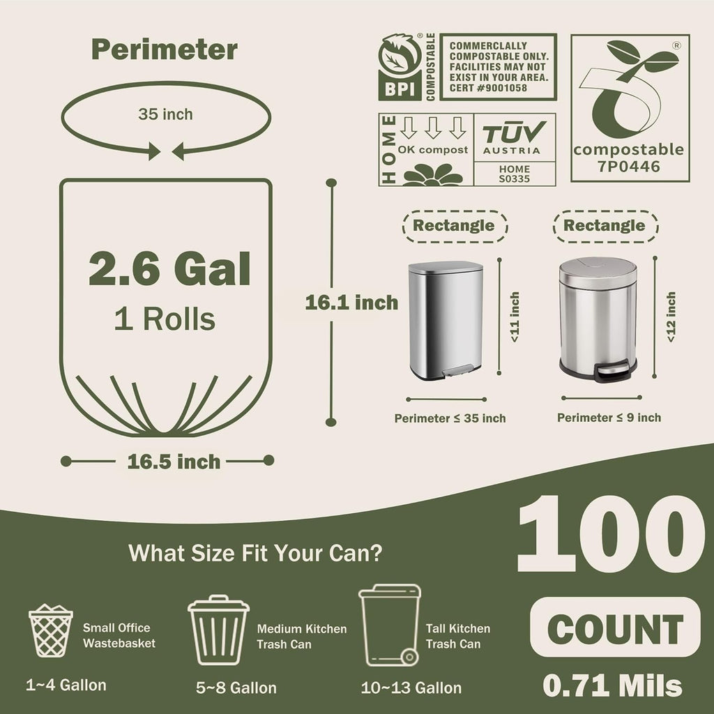 Compostable Trash Bags, 2.6 Gallon, 100 Count, 100% Compost Waste Bags for Kitchen Bathroom Office, Small Countertop Bin Compost Bags, US BPI and Europe OK Compost Home Certified