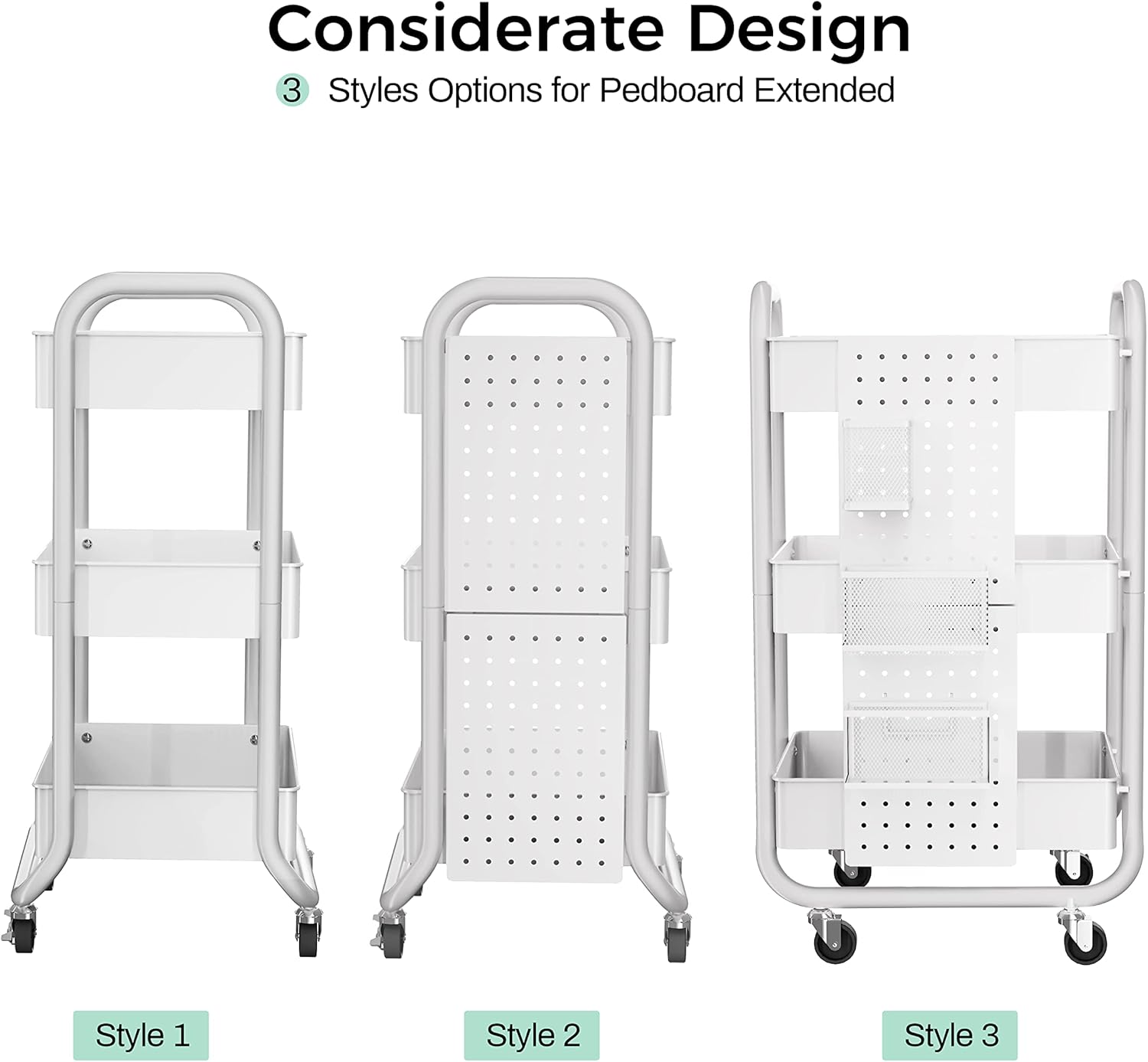 DESIGNA 3-Tier Rolling Cart, Utility Cart with Handle, Extra 3 Storage Accessories, Removable Pegboard, Easy Assembly Craft Carts for Kitchen, Bathroom, Office, Metal, White