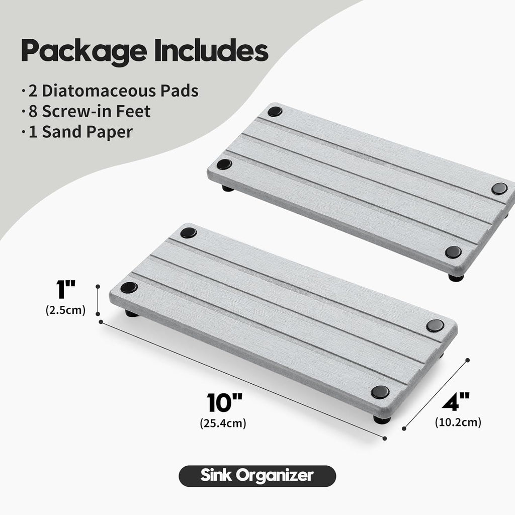 2 Pack Fast Drying Water Absorbing Diatomite Stone Mat Tray for Kitchen & Bathroom Counter - Instant Dry Sink Caddy Organizer - Vanity Holder for Soap, Sponge – Light Gray 10" x 4"