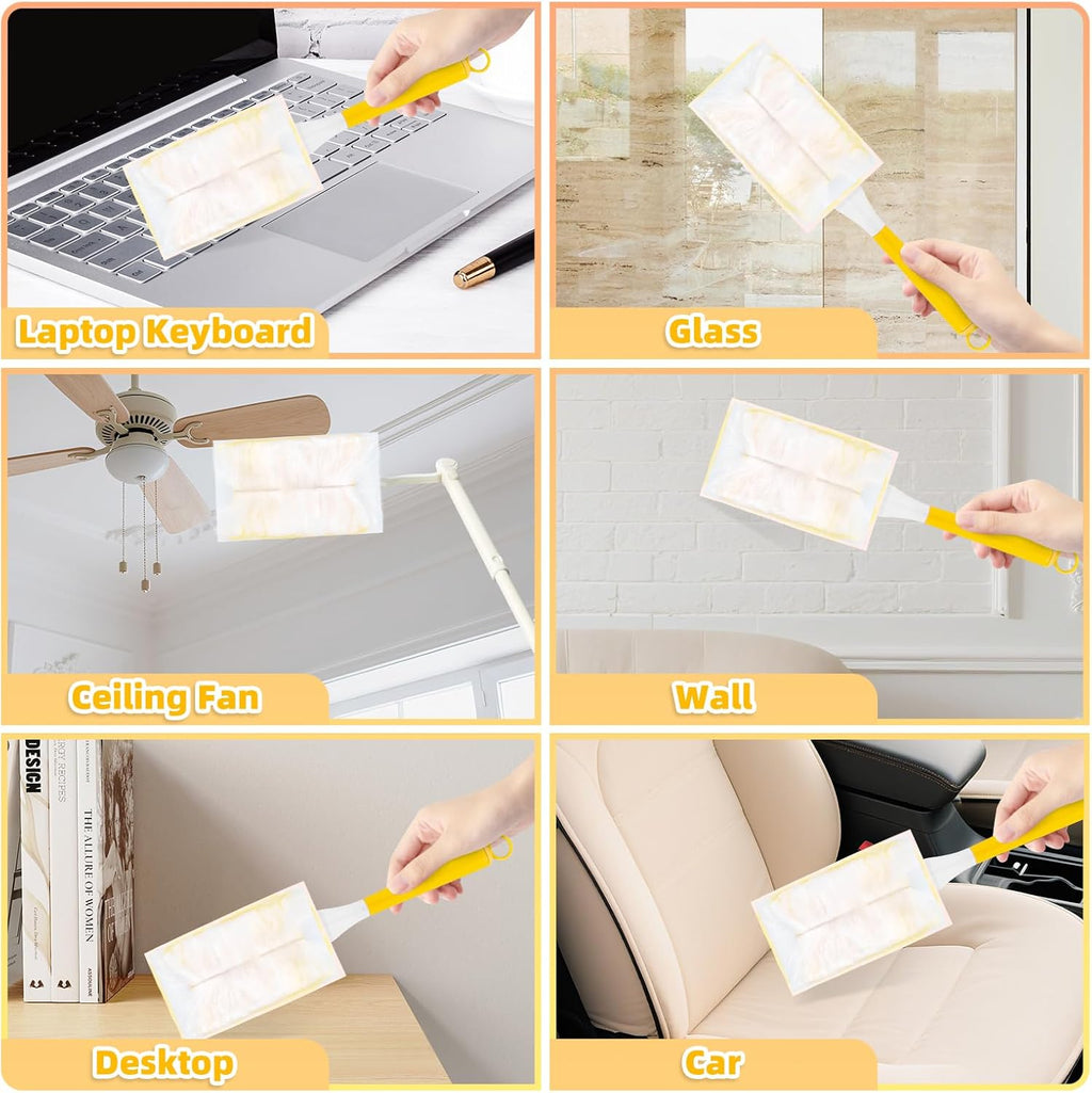 52 Count Disposable Duster Refills for Cleaning, 180° Dusters Refills Compatible with Swiffer Handles (Yellow, 50 Count Dust Removal Brushes + 1 Standard Handle + 1 Extended Handle)