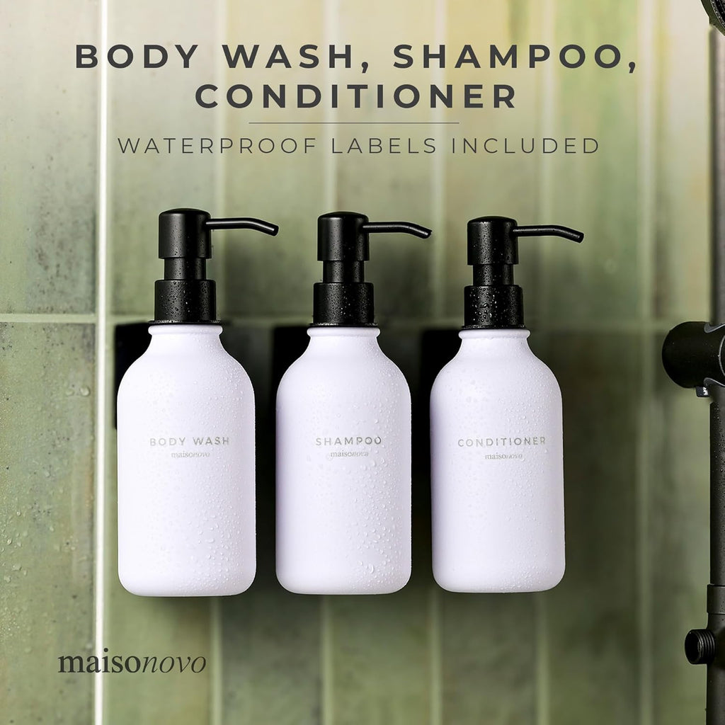 MaisoNovo Shampoo and Conditioner Dispenser - Shower Soap Dispenser Wall Mounted - 16.9 fl oz Set of 3 White Plastic Bottles Black Pump - 3 Chamber No Drill