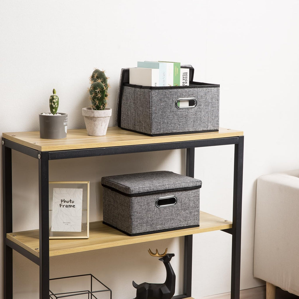 PRANDOM Storage Bins with Lids [3-Pack] Linen Fabric Foldable Storage Boxes Organizer Containers Baskets Cube with Cover for Home Bedroom Closet Office Nursery Grey（11.4X8.6X6.7