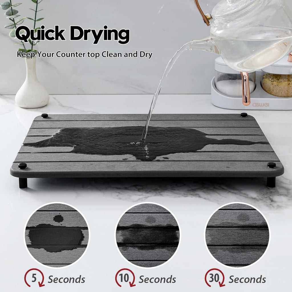 Stone Dish Drying Mat for Kitchen Counter, Water Absorbing Bathroom Tray Sink Organizer, Diatomaceous Earth Countertop Dish Rack Riser Sponge Holder Soap Dish, Dark Gray, 16" x 12"