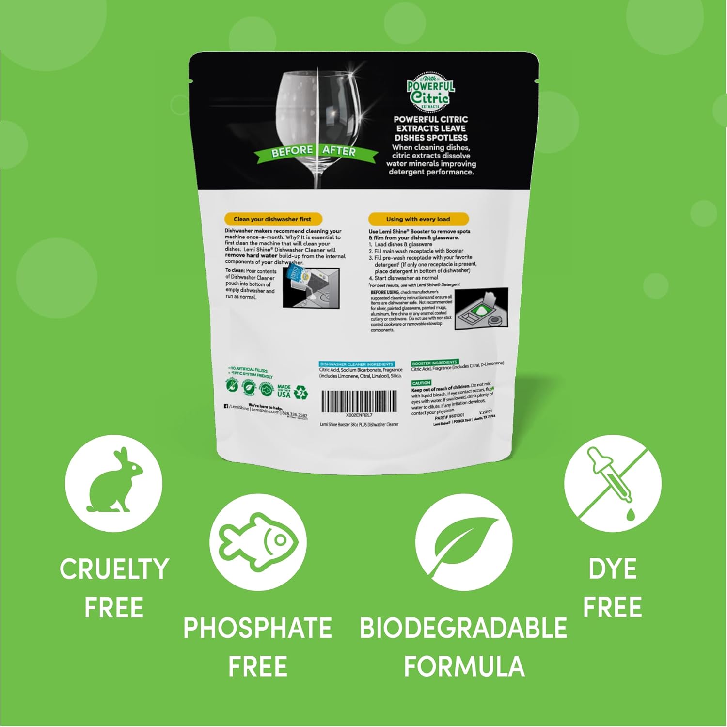 Lemi Shine Natural Dish Detergent Booster - Hard Water Stain Remover - Multi-Use Citric Acid Cleaner - 38 oz