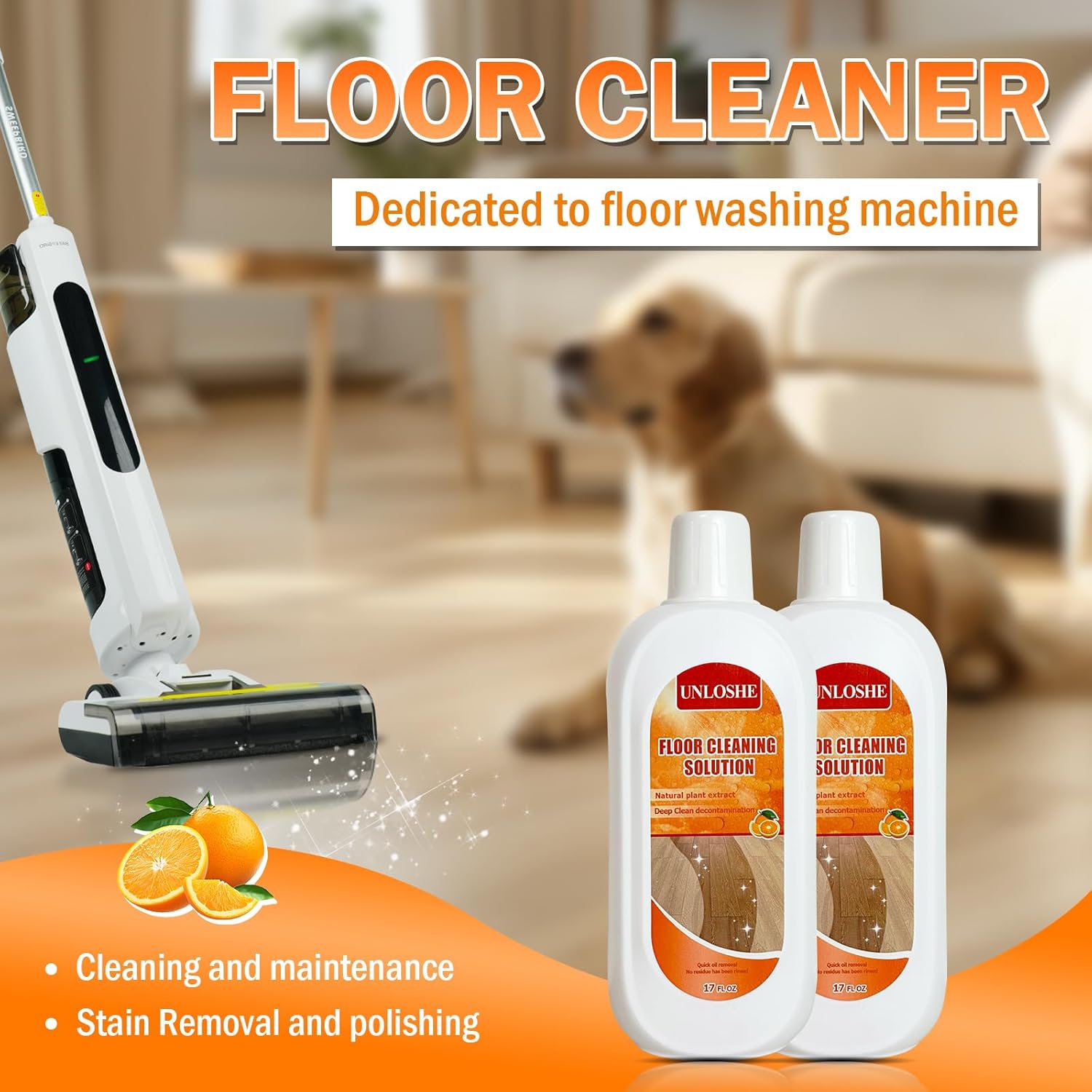 Floor Cleaning Solution for Multiple Hard Floors - 34 fl oz Floor Cleaner, For All Robot Vacuums with Mopping and Cordless Wet/Dry Vacuum Mops, Deep Clean for Tile, Wooden Floor, Laminate (Orange)