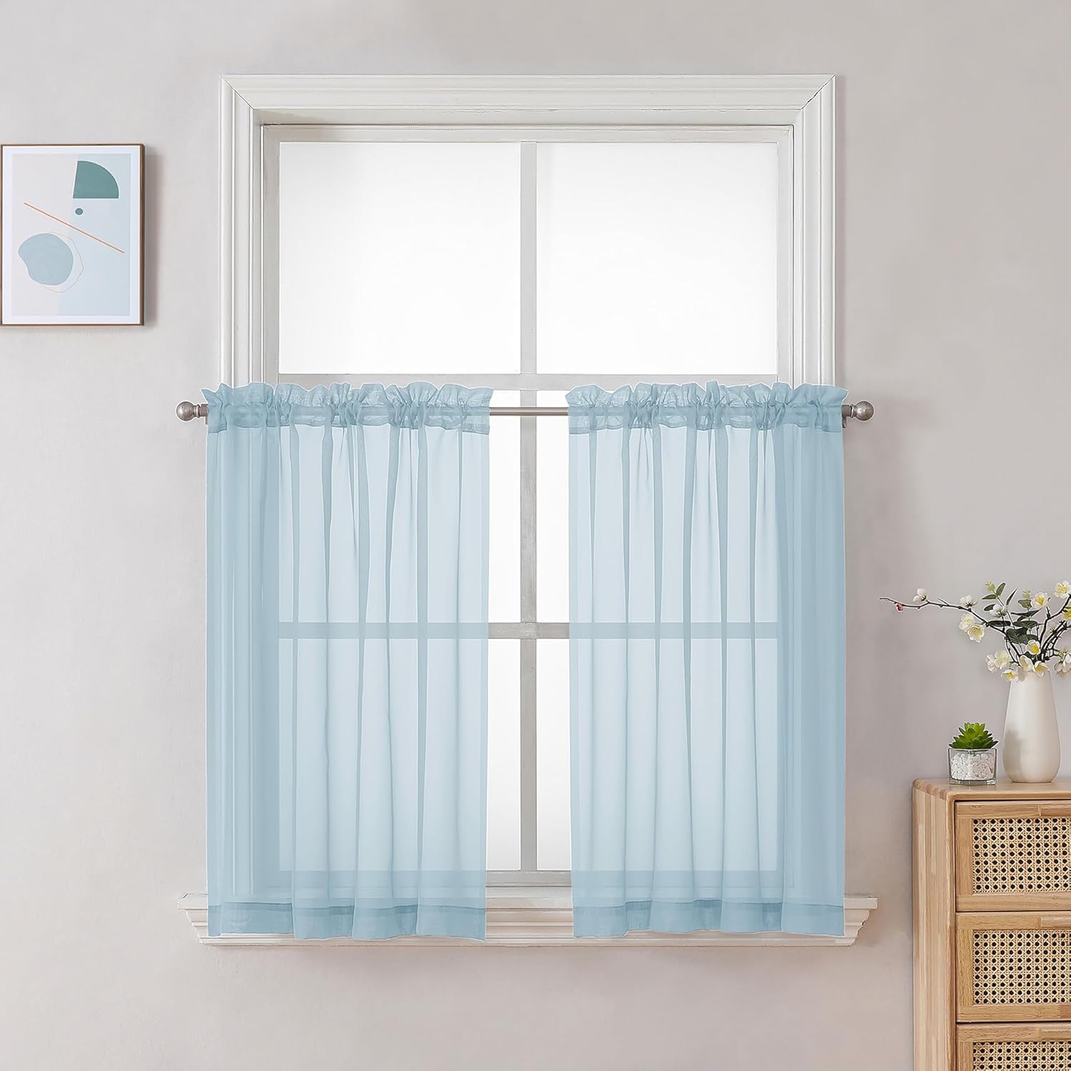 Chyhomenyc Sky Blue Sheer Curtains 30 inch Length 2 Panels, Light Filtering Voile Rod Pocket Short Window Curtians for Bathroom Living Room Farmhouse Small Windows, 42Wx30L inches