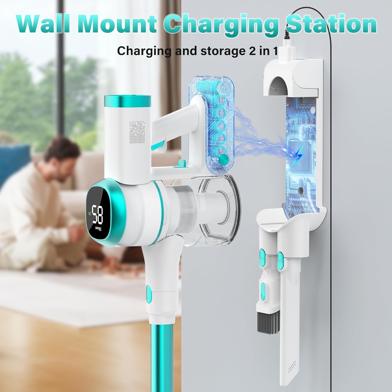 Tikom V500 Cordless Vacuum Cleaner for Home, 40000Pa/450W Stick Vacuum with LED Touch Screen, Charging Wall Dock, Anti-Tangle, Lightweight Handheld Vacuum for Pet Hair, Hard Floor, Carpet, Blue